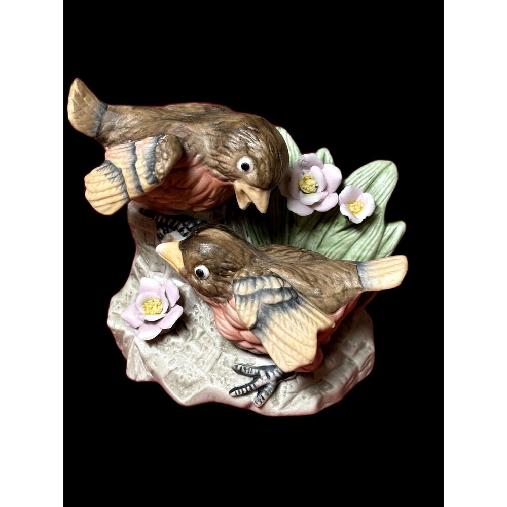 Vintage Porcelain Robin Figurine With Two Birds, Flowers, And Green Leaves